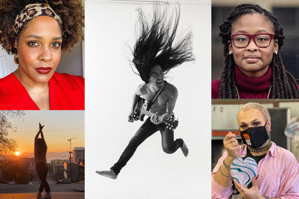 Image description: Photo collage of participating artists including Ijeoma Oluo, a light-skinned Black woman wearing a leopard headband, a red top, and red lipstick; Daniel Pak, an Asian man with long hair jumping in the air and holding a guitar; Leija Farr, a young Black woman with long brown braids wearing maroon glasses and a maroon turtleneck sweater; a Pacific Northwest Ballet dancer mid-dance outdoors, silhouetted against the sun setting over the Puget Sound; a Hilltop Artists glass artist with short blonde hair, wearing a black face mask and a pink shirt, holding a white and blue blown glass art piece.