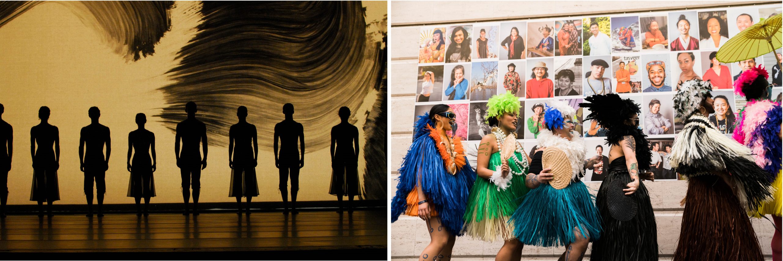 Photo on left is eight dancers stand side-by-side on stage with large brush-stroke like design in the background. Photo on the right is Multiple performers wearing feathered headpieces and colorful skirts interacting in front of a wall of portraits.