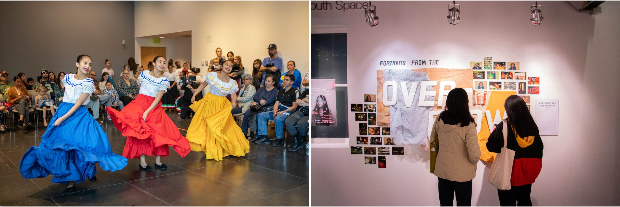 Photon on the left is of three dancers mid-performance wearing matching blue, red, and yellow skirts with audience in the background. Photo on the right is of two people facing an exhibit wall with photographs and text Portrait from the Overflow. 