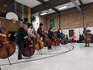 A group of children standing in a line with large upright bass or other standing instrument facing the instructor who also has an upright instrument in a school gymnasium.