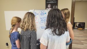 A group of children all studying the white board with plans for their film.