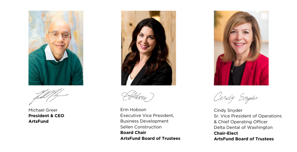 Image of ArtsFund President & CEO, Michael Greer; Erin Hobson, ArtsFund Board Chair; Cindy Snyder, ArtsFund Board Chair-elect.