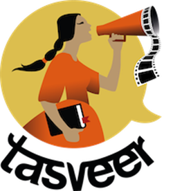 The logo to Tasveer; a Southeast Asian women wearing an orange dress shouts into a megaphone that spits out film and holds a book in the other hand.