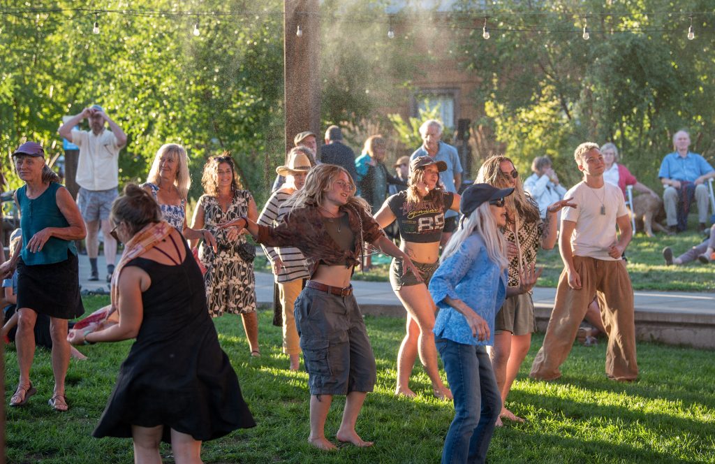 Group of people dancing and enjoying a sunny outdoor gathering on green grass with trees in the background.