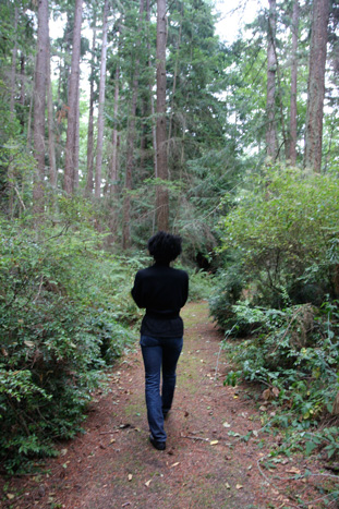 Person walking alone on a narrow forest path surrounded by tall trees and dense greenery.